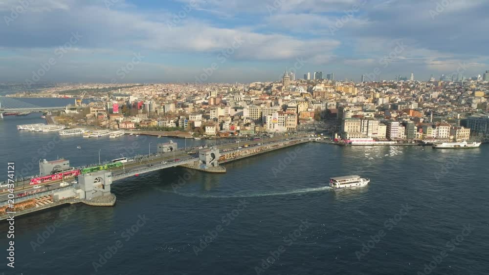 Aerial drone view of the Istanbul, Turkie. Bosphorus Halic bay. Sunny day. Fly over the bridges.