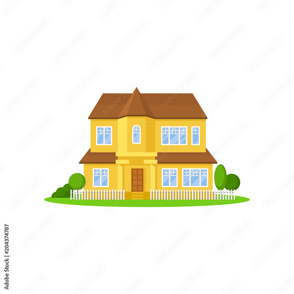 Two-storey yellow house with wooden roof. Little fence, green meadow, trees and bushes on front yard. Home for big family. Flat vector icon