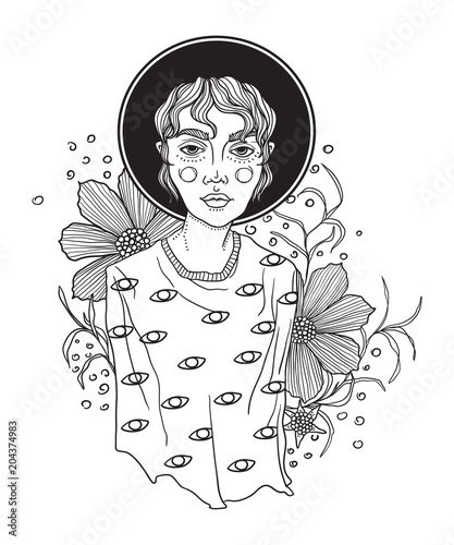 Hand drawn graphic style girl wearing black fedora hat framed with plants and flowers. Vector isolated illustration on a white background.