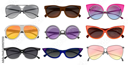Flat vector set of different types sunglasses. Protective eyewear. Fashion unisex spectacles. Elements for poster or banner of optical store