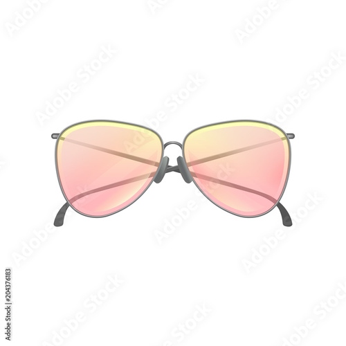 Fashion women sunglasses with yellow-pink gradient lenses and thin silver frame. Stylish accessory. Flat vector icon of protective eyewear