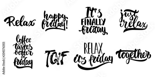 Hand drawn lettering quotes about Friday, TGIF collections isolated on the white background. Fun brush ink vector calligraphy illustrations set for banners, greeting card, poster design. photo