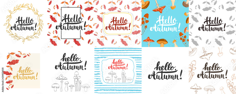 Hello, autumn - hand drawn lettering greeying card collections isolated on the white background. Fun brush ink vector calligraphy illustrations set for banners, poster design.