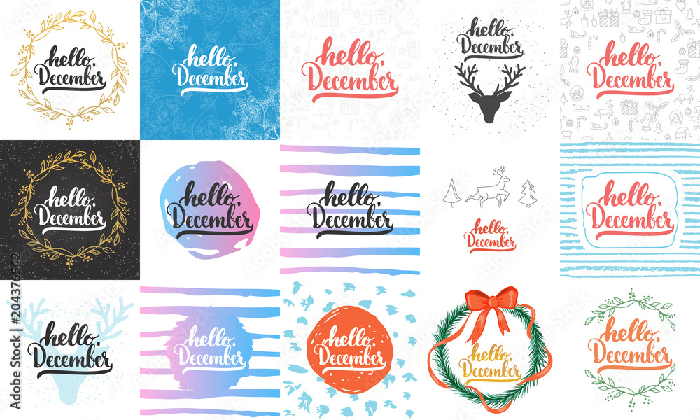 Hello, december - hand drawn lettering greeying card collections isolated on the white background. Fun brush ink vector calligraphy illustrations set for banners, poster design.