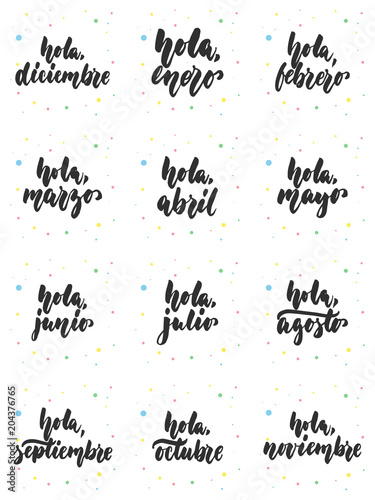 Hand drawn lettering phrase Hola, meses in spanish collections isolated on the white background. Fun brush ink vector calligraphy illustrations set for banners, poster design.