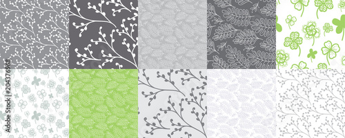 Set of 10 seamless patterns with leaves and branches. Repeated graphic design for textile, background, greeting cards.