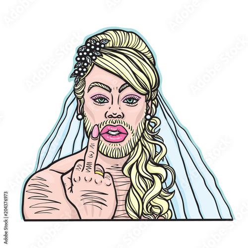 Hand drawn illustration of blonde haired and bearded cross-dresser gay transvestite showing middle finger with golden ring wearing bridal wedding dress. Isolated vector on a white background.