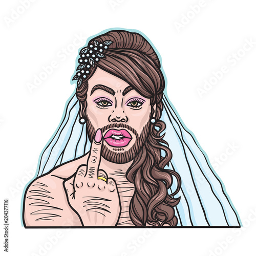 Hand drawn illustration of dark haired and bearded cross-dresser gay transvestite showing middle finger with golden ring wearing bridal wedding dress. Isolated vector on a white background.