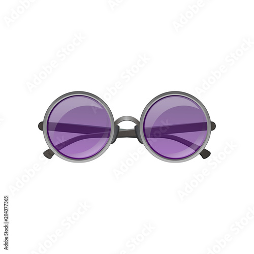 Flat vector icon of round sunglasses with gray metal frame and purple tinted lenses. Stylish ladies eyewear