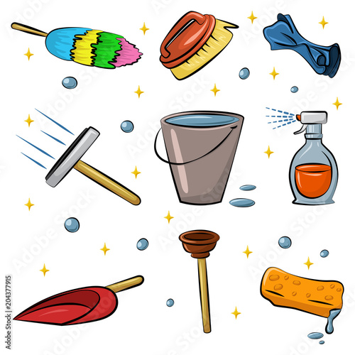 Cleaning tools vector cartoon set isolated on white background. Duster, sponge, rag, squeegee for window, spray bottle, fetlock, plastic scoop, plunger, bucket of water. Hand supplies for housework.