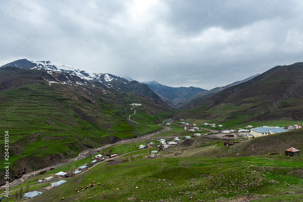 Ancient highmountains village Khynalyg, Azerbaijan. Buildings, houses and way of life