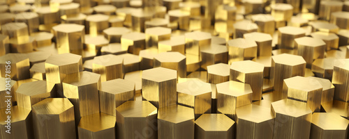 Brass metal, warehouse of brass hexagonal rods. Rolled metal products.  photo