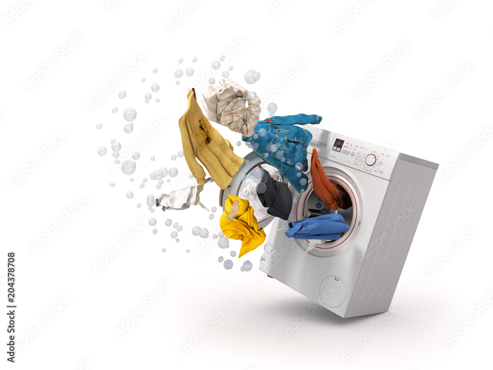 Washing machine and flying clothes on white background