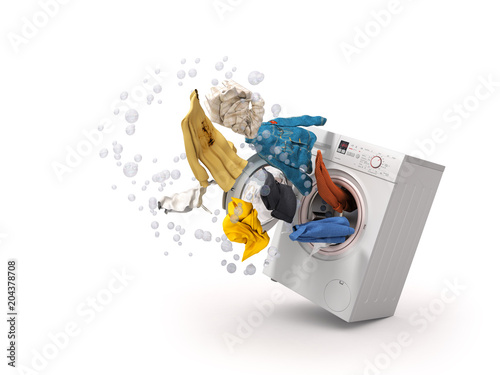 Obraz na płótnie Washing machine and flying clothes on white background w salonie