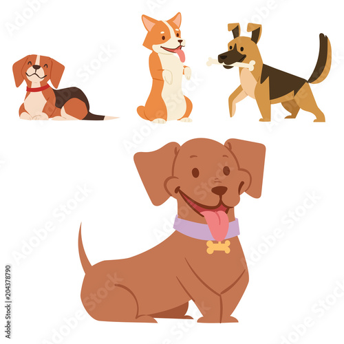 Puppy cute playing dogs characters funny purebred comic happy mammal doggy breed vector illustration.