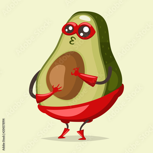 Cute Avocado cartoon character of an exotic fruit in a superhero costume and mask. Vector concept illustration in a flat style for a healthy eating and lifestyle.