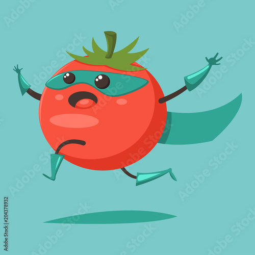 Cute happy Tomato cartoon character of a vegetable in a superhero costume, mask and cloak. Vector concept illustration in a flat style for a healthy eating and lifestyle.