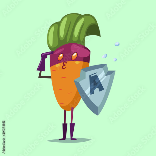 Cute Carrot cartoon character of a vegetable in a superhero costume, mask and metal shield. Vector concept illustration in a flat style for a healthy eating and lifestyle.