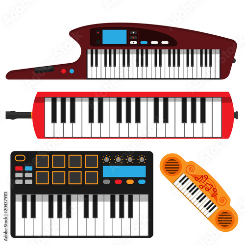 Keyboard musical instruments vector classical piano melody studio acoustic shiny musician equipment electronic sound illustration.