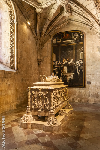 Lisbon, Portugal - June 6, 2013: Luis Vaz de Camoes Tomb in the church of the Jeronimos Monastery or Abbey in Lisbon, Portugal, aka Santa Maria de Belem monastery. Most important Portuguese poet