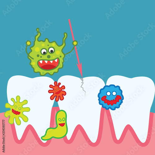 tooth bacteria and tooth for dentistry / stomatologist / dental clinic poster. flat vector illustration