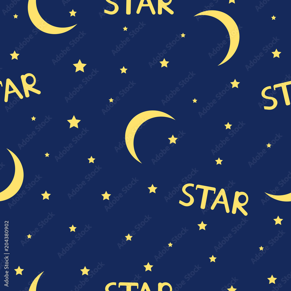 Night seamless pattern with stars, moons and words Star. Night seamless pattern with stars, moons and words Star.