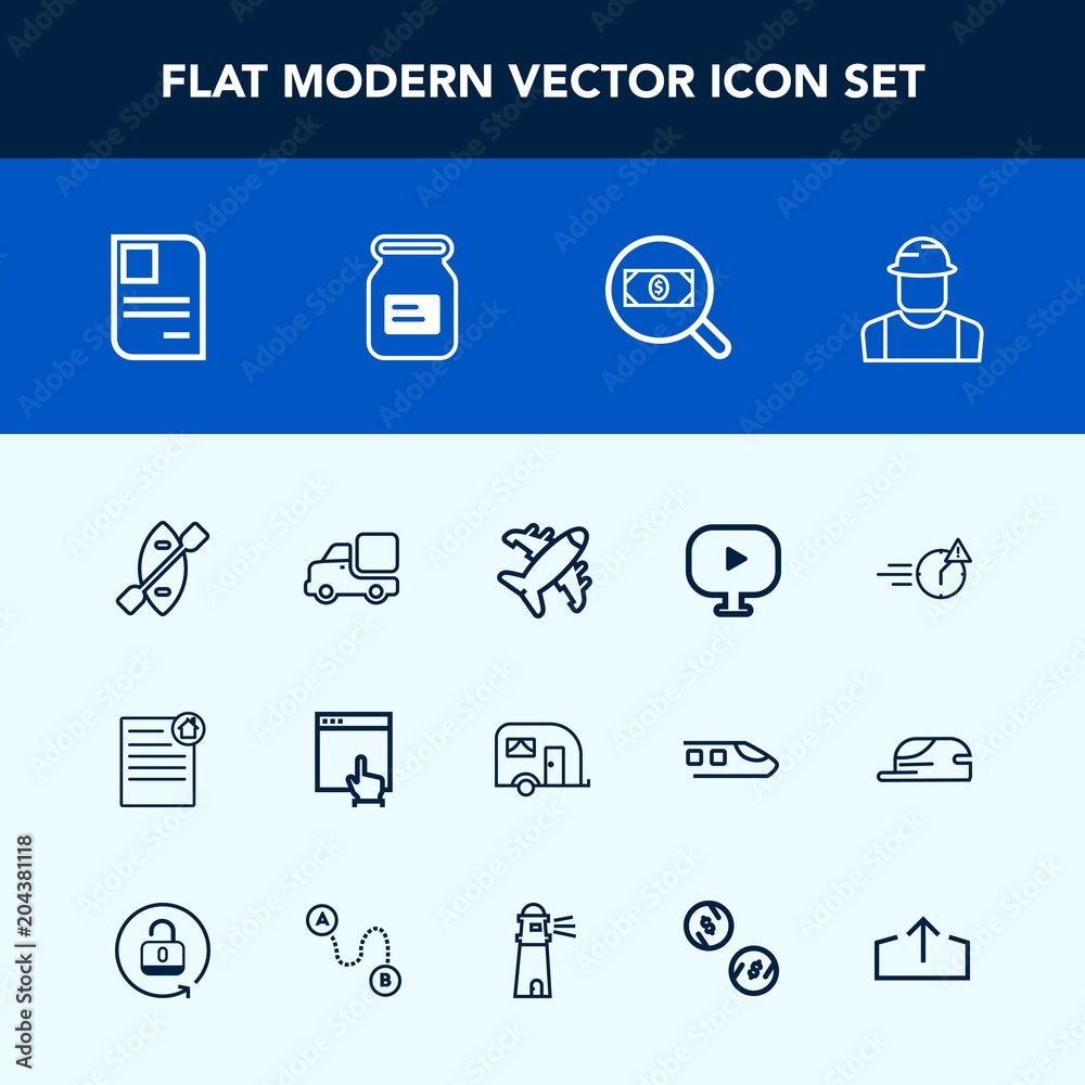 Modern, simple vector icon set with concept, water, plane, airplane, travel, office, late, night, estate, white, engineer, paddle, identity, canoe, builder, contract, video, transportation, oar icons Modern, simple vector icon set with concept, water, plane, airplane, travel, office, late, night, estate, white, engineer, paddle, identity, canoe, builder, contract, video, transportation, oar icons