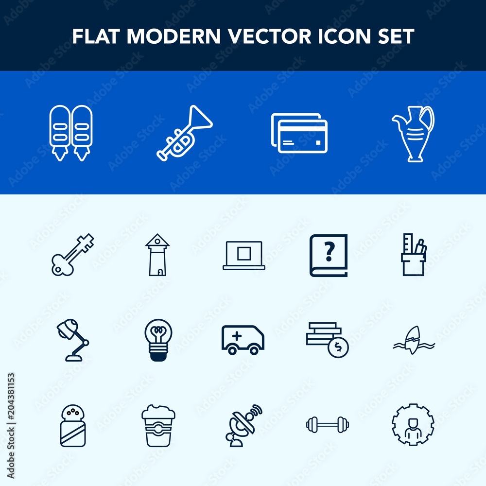 Modern, simple vector icon set with , office, bulb, pottery, stationery, plastic, medical, business, key, jazz, vase, pen, book, electric, car, debit, profile, lock, door, paper, old, web, light icons