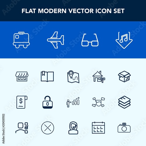 Modern, simple vector icon set with rent, airplane, unlock, white, property, lock, security, sound, success, internet, aircraft, luggage, airport, curtain, sale, download, protection, unpacking icons