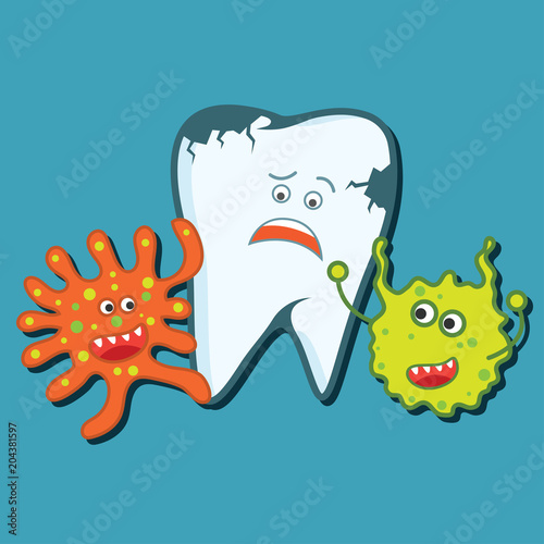 tooth bacteria and tooth for dentistry / stomatologist / dental clinic poster. flat vector illustration
