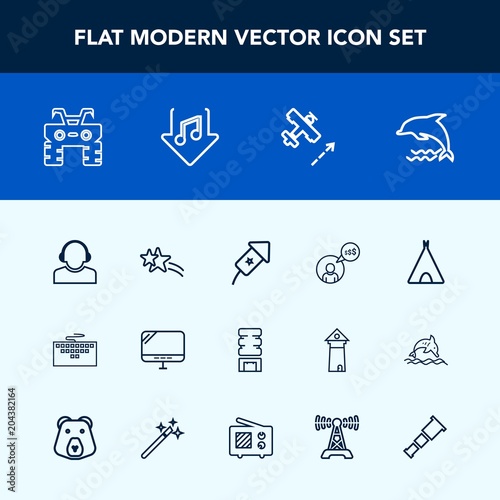 Modern, simple vector icon set with container, flight, travel, celebration, download, airplane, freelancer, pc, drink, atv, camp, keyboard, event, work, service, white, dolphin, festival, shiny icons