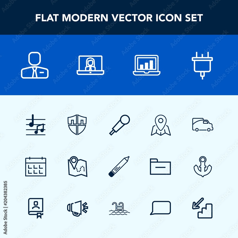 Modern, simple vector icon set with power, chart, technology, traffic, mic, road, van, electricity, vehicle, computer, job, protect, video, note, map, schedule, plug, shield, day, call, employee icons Modern, simple vector icon set with power, chart, technology, traffic, mic, road, van, electricity, vehicle, computer, job, protect, video, note, map, schedule, plug, shield, day, call, employee icons