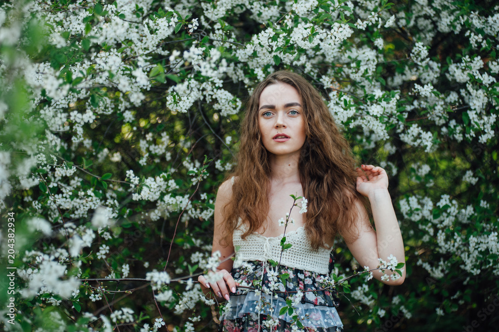 A beautiful girl in a dress stands next to a blooming cherry bush. A beautiful girl in a dress stands next to a blooming cherry bush.
