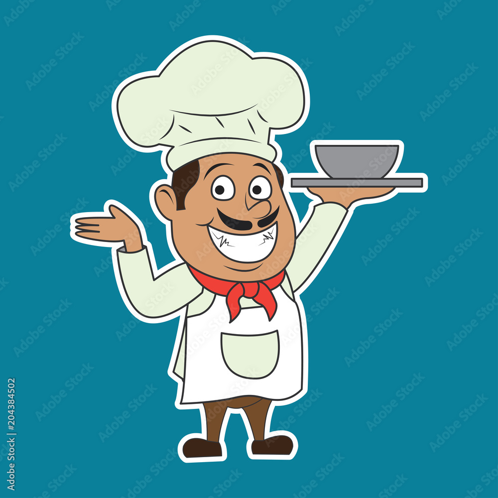 chef man with the toque holding a dish ready to serve. cartoon character. vector illustration chef man with the toque holding a dish ready to serve. cartoon character. vector illustration