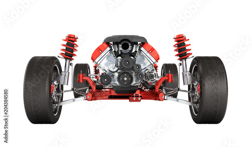 Undercarriage in detail Suspension of the car with wheel and engine isolated on white background 3d without shadow photo