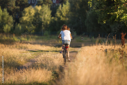 Rear view image of young teenage girl riding bicycle on path at field
