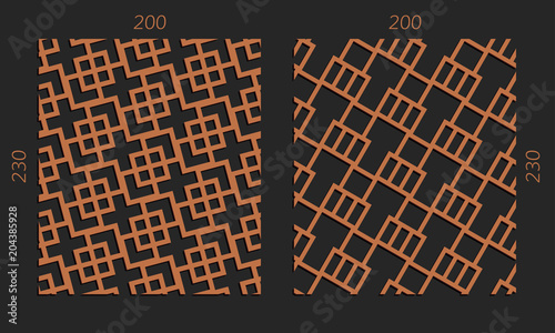 Laser cutting set. Woodcut vector trellis panels. Plywood lasercut design. Hexagonal seamless patterns for printing, engraving, paper cut. Stencil lattice ornaments.
