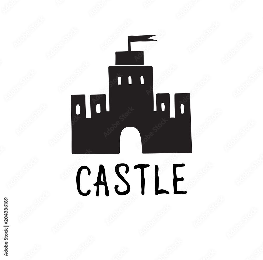 Castle icon. Doodle castle building with tower, lettering