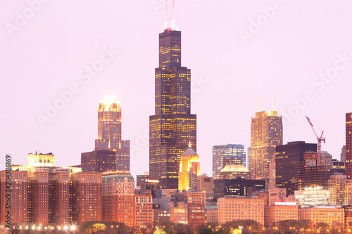 Downtown city skyline at dusk of Chicago  Illinois  USA