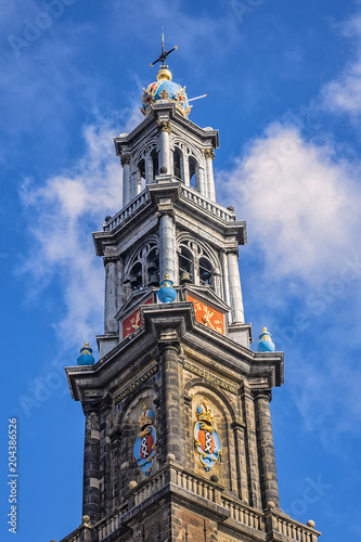 View of Western Church (Westerkerk, 1620 - 1631) - a Dutch Protestant church in Amsterdam. It lies in the most western part of the Grachtengordel neighborhood. Amsterdam, Netherlands.