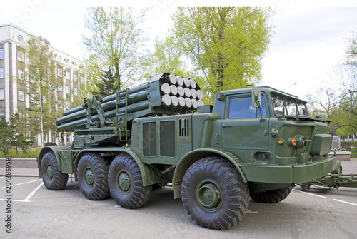 Russian military equipment close-up. In the city. Peaceful time. The system of volley fire Hurricane