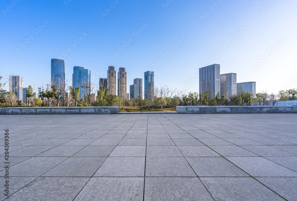 panoramic city skyline with empty floor
