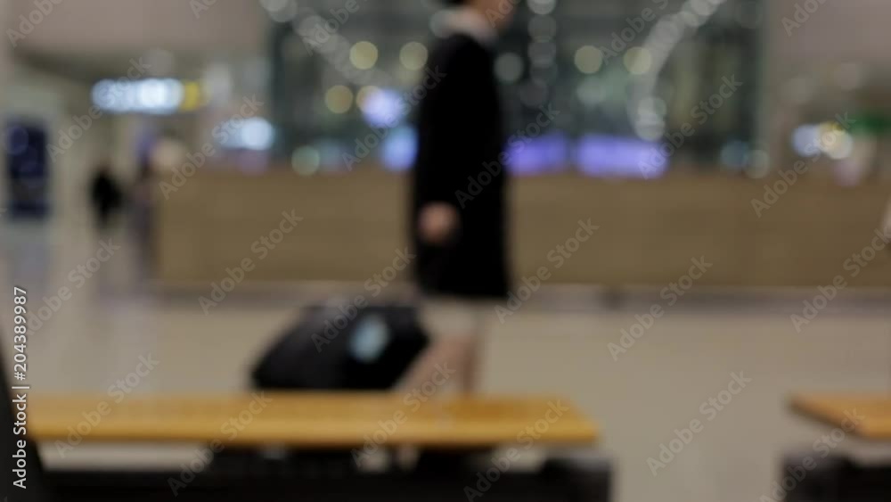 An Airline Stewardess and Travelers Walk Away with Their Travel Bags at Airport. De-focused. Blurred. An Airline Stewardess and Travelers Walk Away with Their Travel Bags at Airport. De-focused. Blurred.