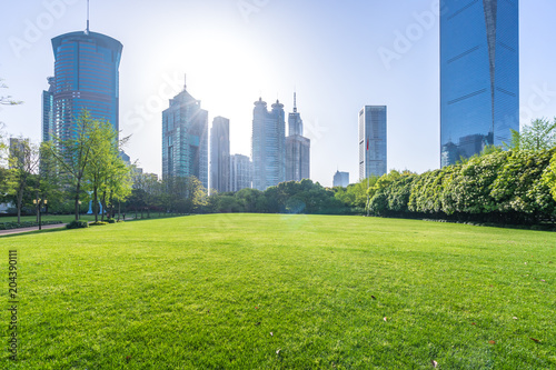 green lawn with modern office building