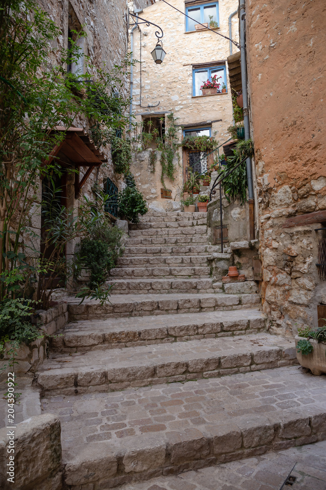 Narrow cobbled street with flowers in the old village Tourrettes-sur-Loup , France. Narrow cobbled street with flowers in the old village Tourrettes-sur-Loup , France.