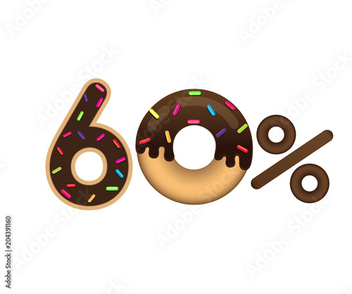 Sale 60 percent and discount price. Lettering made in the form of a donut with glaze isolated on white background. Sale of food. Shopping and low price symbol. Vector.