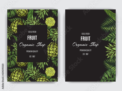 Card for eco store with a vector illustration of pineapples and palm leaves.