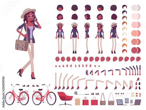 Black intelligent smart casual woman with bag character creation set