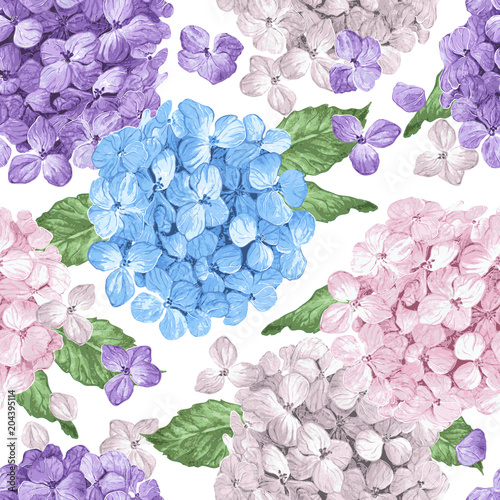Hydrangea flowers, petals and leaves in watercolor style on white background. Seamless pattern for textile, wrapping paper, package,