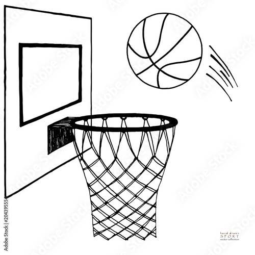 Action vector illustration of basketball going into a hoop. Backboard, hoop, ring, net, kit. Hand drawn sketch. Black on white background